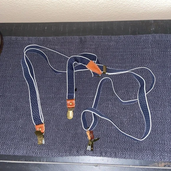 Blue vintage suspenders leather with polkadots vintage French formal detailing - Picture 3 of 13